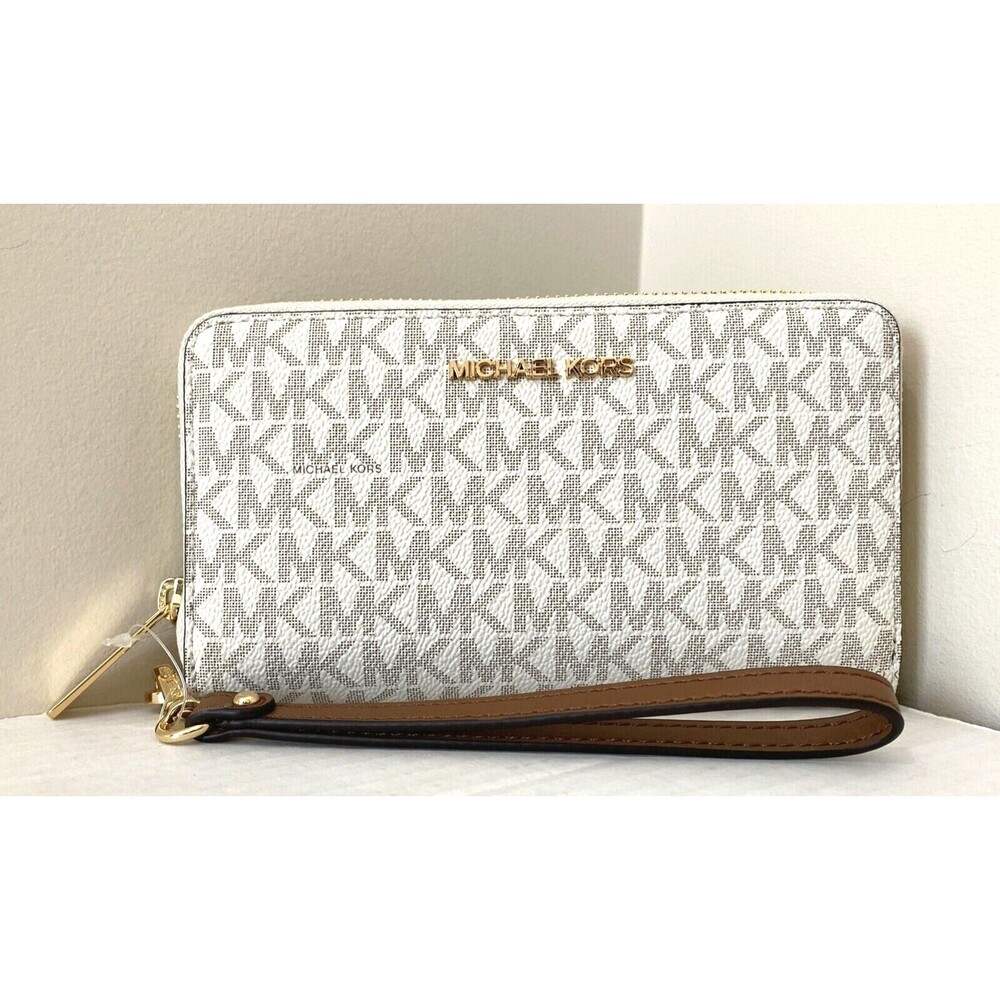New Michael Kors Jet Set Travel Large Flat Phone Case Wallet Logo Vanilla